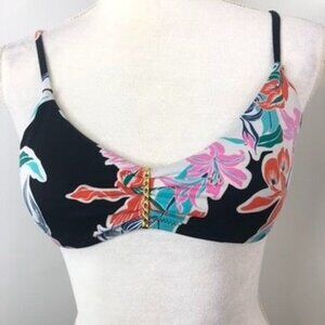 Trina Turk Floral Print Padded Bikini Top Womens Size Small Black Gold Accents